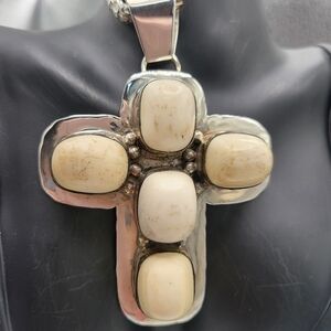 Silver Cross Pendant with Cream Stones